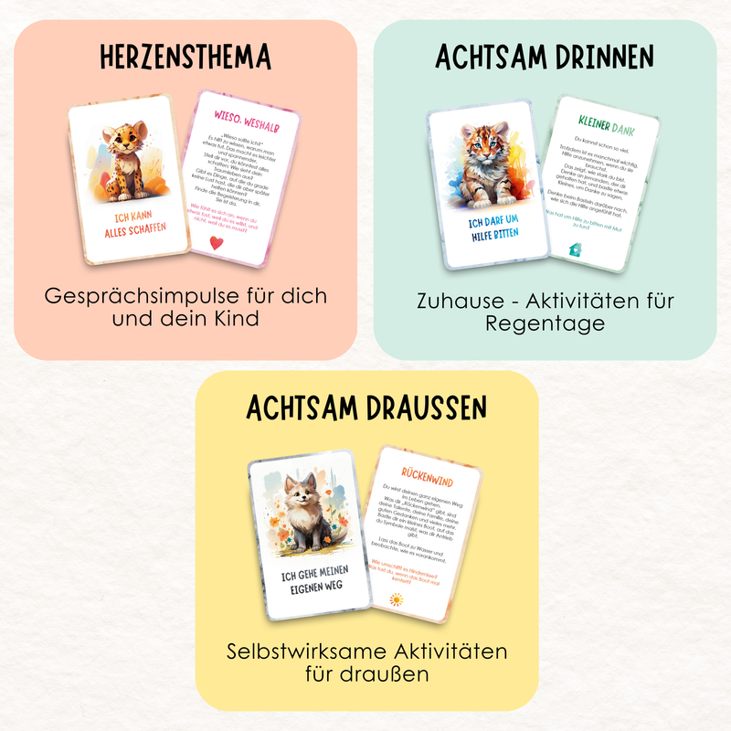 Affirmationskarten fuer Kinder mit Themenkarten zu Achtsamkeit drinnen und draussen sowie Herzthemen – mit Gesprächsimpulsen und Aktivitaeten zur Staerkung von Selbstwirksamkeit, Kommunikation und Dankbarkeit