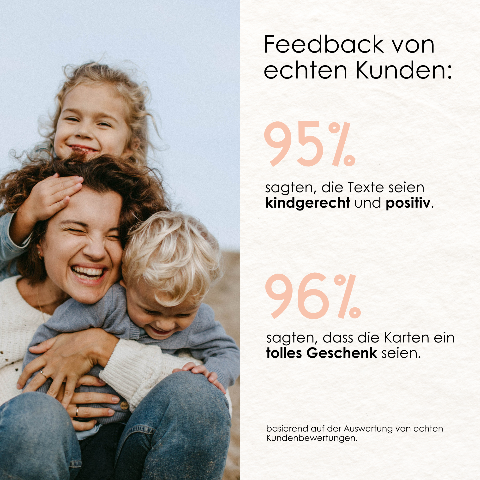 Lachende Mutter mit zwei Kindern neben Kundenfeedback zu Rabano Affirmationskarten: 95 % loben kindgerechte und positive Texte, 96 % sehen sie als tolles Geschenk – Elternliebe, Paedagogik und Achtsamkeit vereint in einem Bestseller.