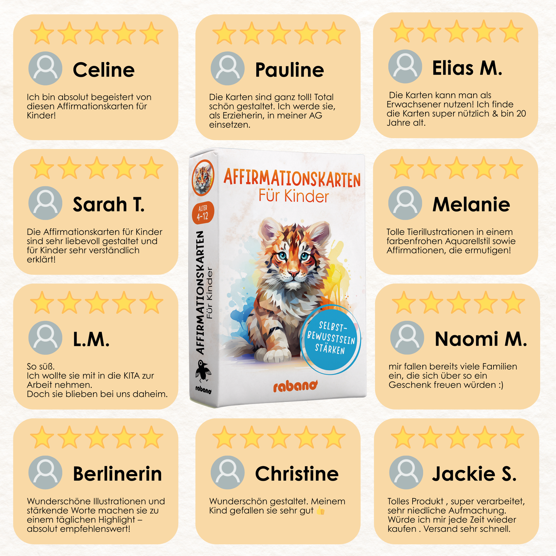 Top-bewertete Affirmationskarten fuer Kinder von Rabano – 5-Sterne-Kundenmeinungen zur Staerkung des Selbstbewusstseins mit liebevollen Illustrationen und alltagsnahen Impulsen, ideal fuer Familien, Kitas und Paedagogen