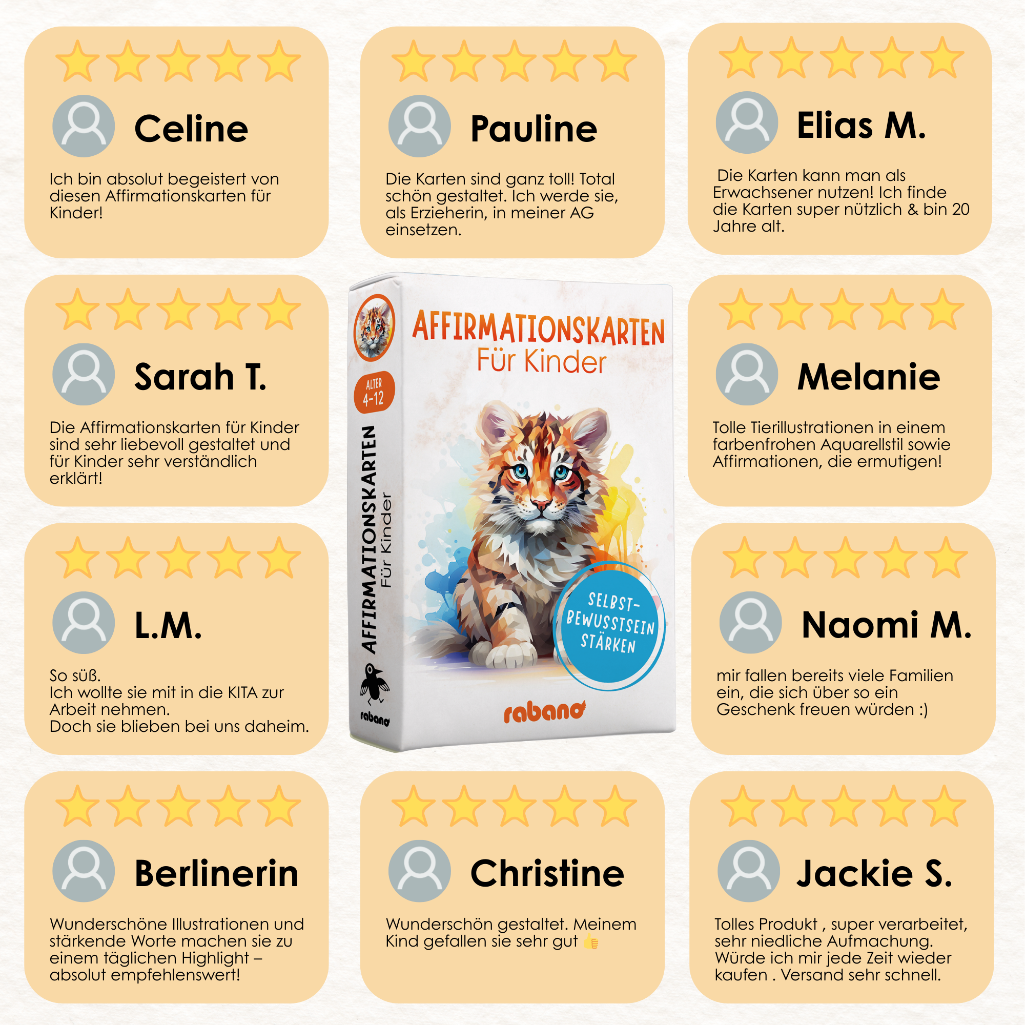 Top-bewertete Affirmationskarten fuer Kinder von Rabano – 5-Sterne-Kundenmeinungen zur Staerkung des Selbstbewusstseins mit liebevollen Illustrationen und alltagsnahen Impulsen, ideal fuer Familien, Kitas und Paedagogen