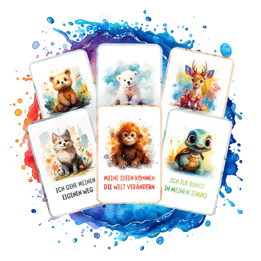 Affirmationskarten fuer Kinder mit liebevoll illustrierten Tieren und positiven Spruechen wie Ich gehe meinen eigenen Weg und Meine Ideen koennen die Welt veraendern – Staerkung des Selbstbewusstseins und emotionalen Lernens