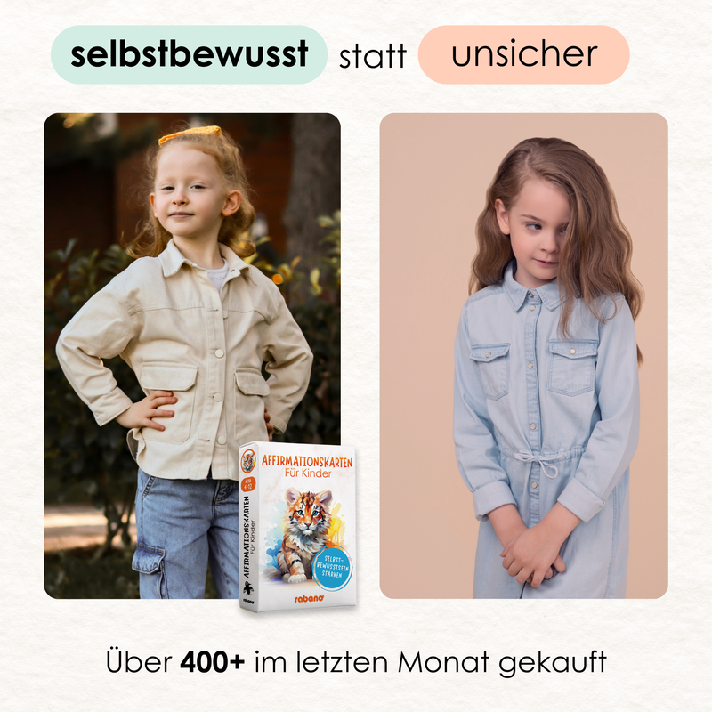 Vergleich zweier Kinder vor und nach der Nutzung der Affirmationskarten fuer Kinder von Rabano – staerkung von Selbstbewusstsein statt Unsicherheit, 400+ Kauefe im letzten Monat