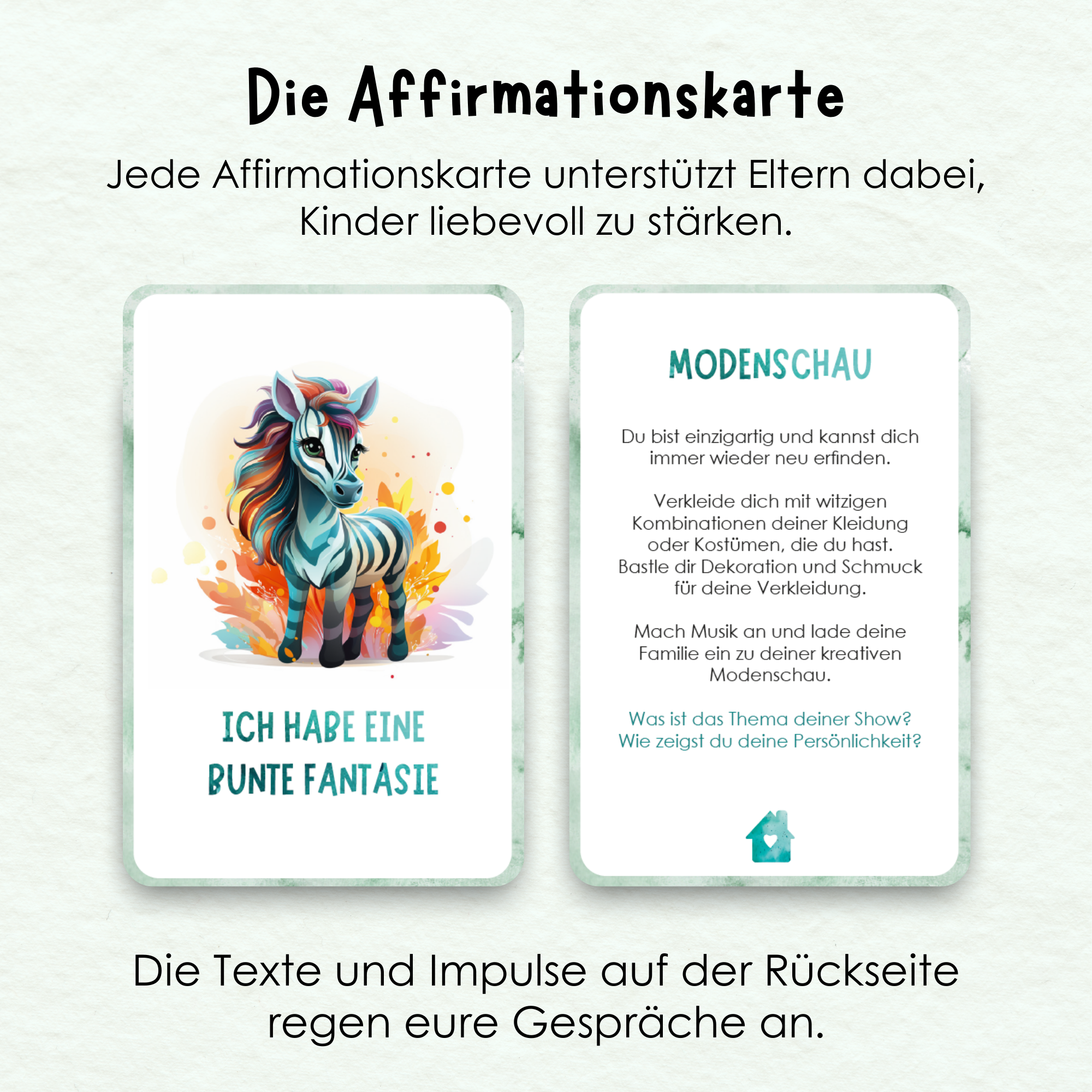 Affirmationskarte fuer Kinder mit buntem Zebra und Rueckseite zum Thema Modenschau – kreative Selbstwahrnehmung und Staerkung kindlicher Persoenlichkeit durch spielerische Uebungen und liebevolle Impulse