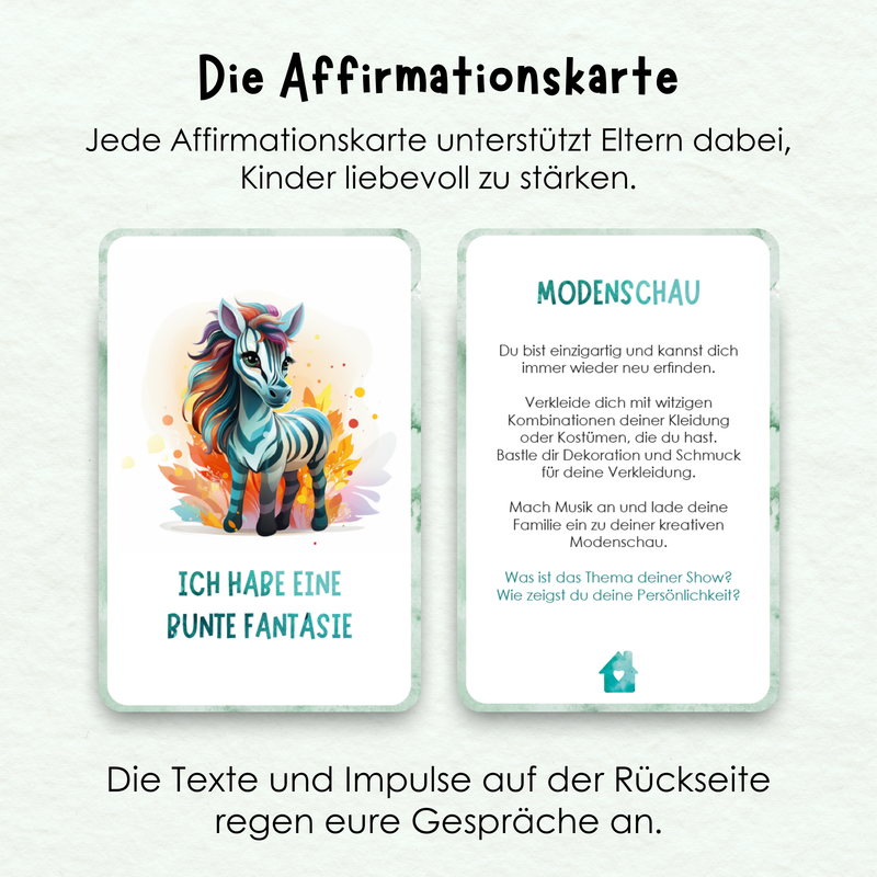 Affirmationskarte fuer Kinder mit buntem Zebra und Rueckseite zum Thema Modenschau – kreative Selbstwahrnehmung und Staerkung kindlicher Persoenlichkeit durch spielerische Uebungen und liebevolle Impulse
