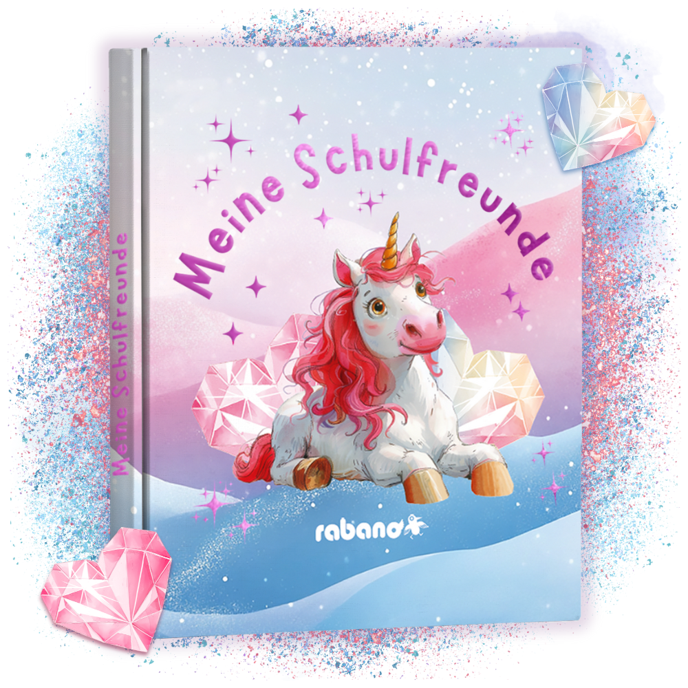 Freundebuch für Kinder mit süßem Einhorn-Cover in Rosa und Blau – Einschulungsgeschenk für Mädchen – Rabano Kids Schulfreundebuch mit Glitzerherzen und magischem Design
