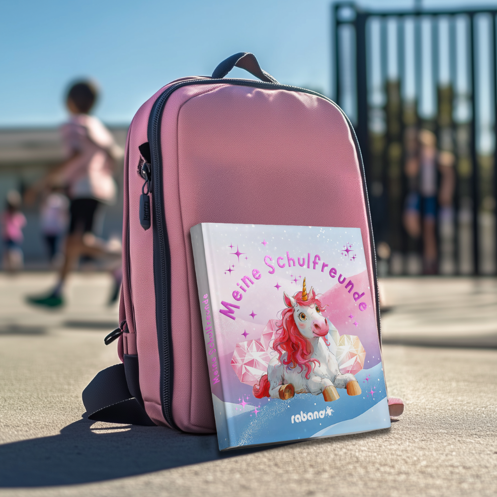 Freundebuch Einhorn für Mädchen vor rosa Schulrucksack auf Schulhof – Einschulung Geschenkidee Grundschule – Rabano Kids Schulfreundebuch für Kinder ab 5 Jahren