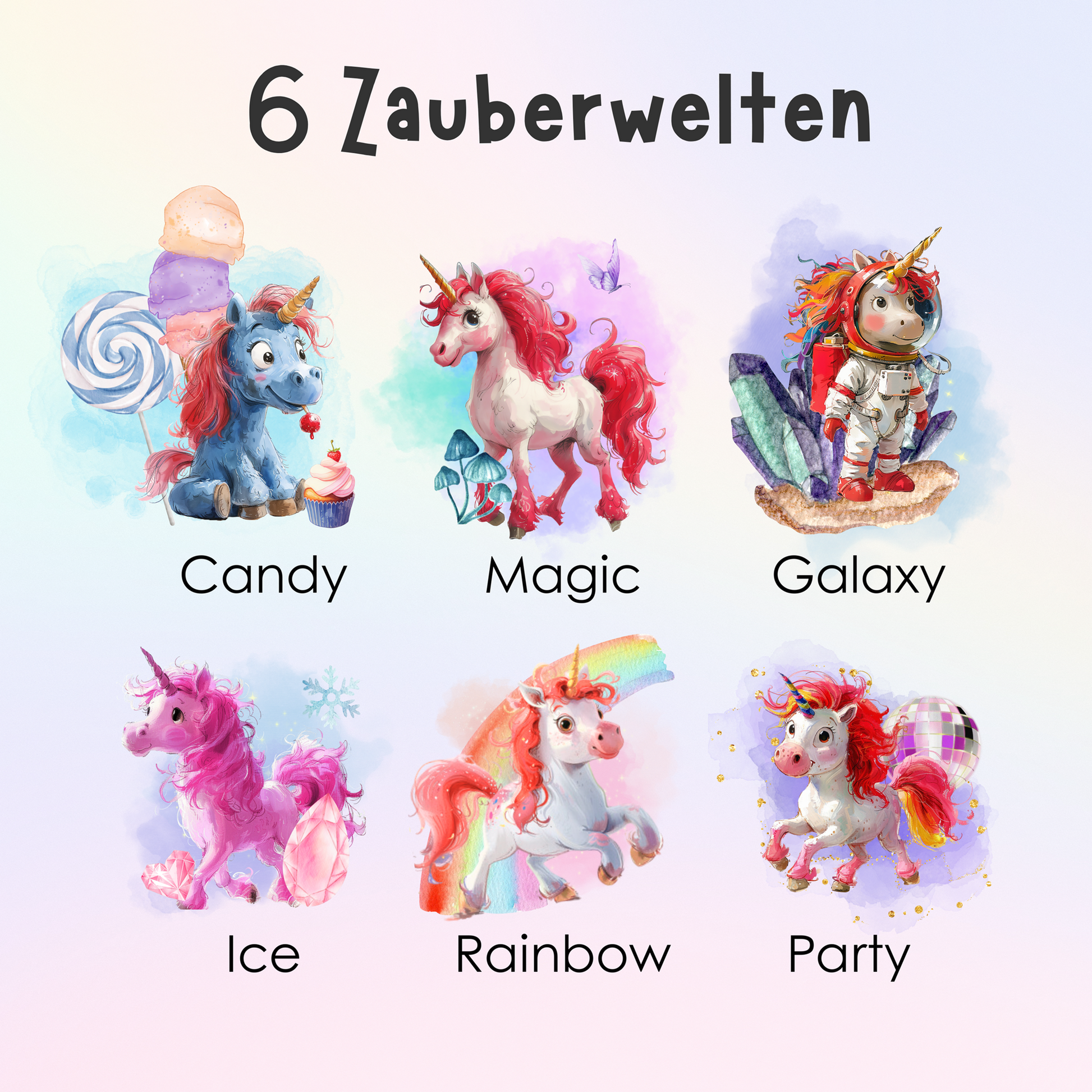 6 magische Einhorn-Welten für Kinder: Candy, Magic, Galaxy, Ice, Rainbow und Party – liebevoll gestaltete Einhorn-Designs im Freundebuch von Rabano Kids – perfekte Auswahl für Mädchen zur Einschulung oder als Geschenk