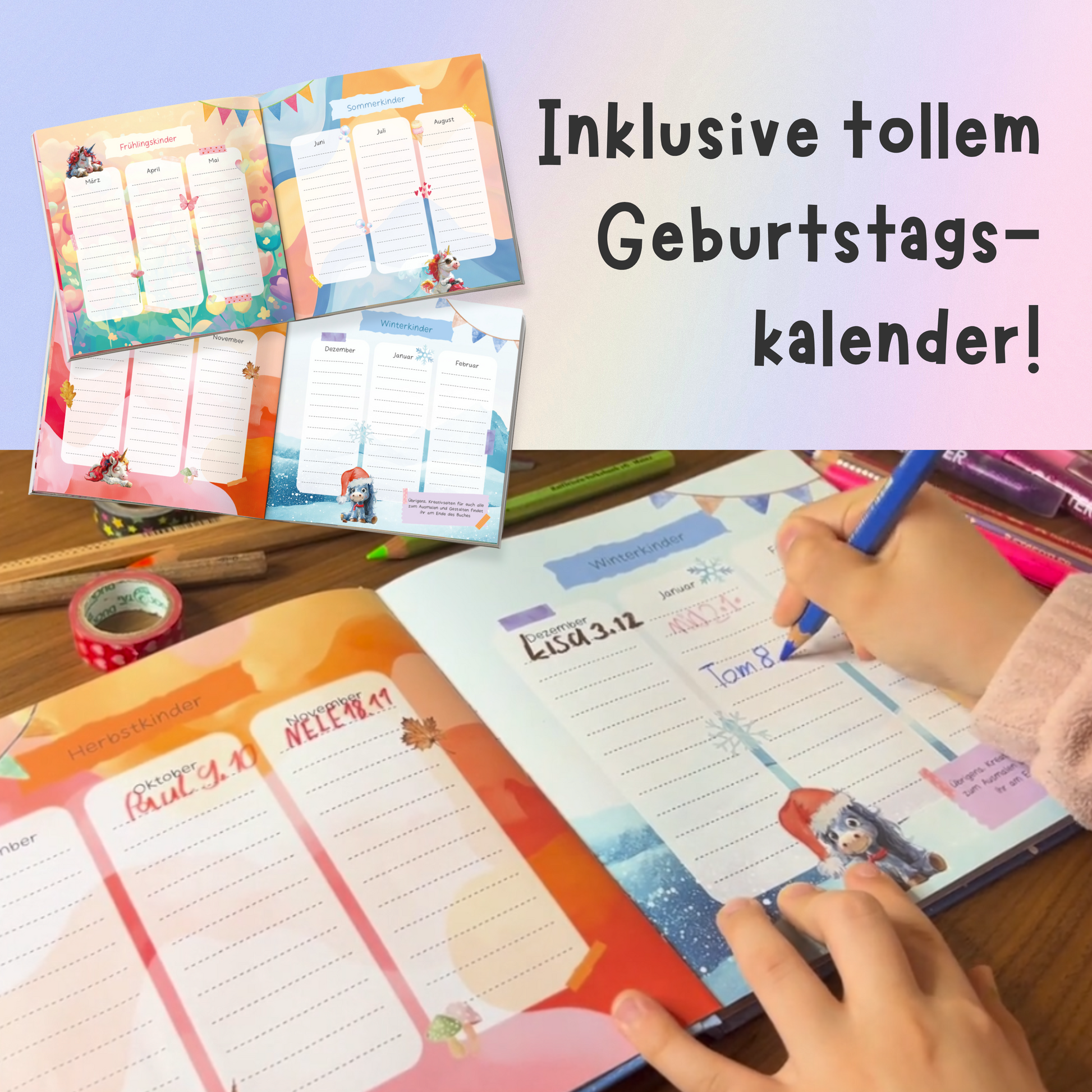 Kinderfreundebuch mit Geburtstagskalender – Eintrag von Hand im bunten Kalender für Frühling, Sommer, Herbst und Winter – Rabano Kids Freundebuch mit Jahreszeitenübersicht zum Eintragen von Geburtstagen