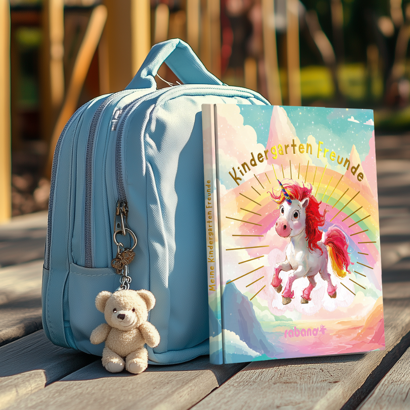 Kindergarten Freundebuch mit Einhorn neben hellblauem Kinderrucksack mit Teddyanhaenger – Rabano Kids Erinnerungsbuch fuer Kita Kinder zum Ausfuellen und Festhalten erster Freundschaften