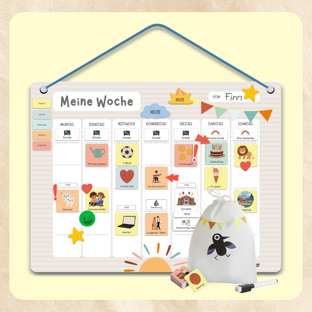 Woechentlicher Magnet-Familienplaner fuer Kinder mit Symbolen zur Wochenstruktur, inklusive Tafelfolie, Beutel, Stift und 200 Magnetkarten zur kindgerechten Tagesplanung