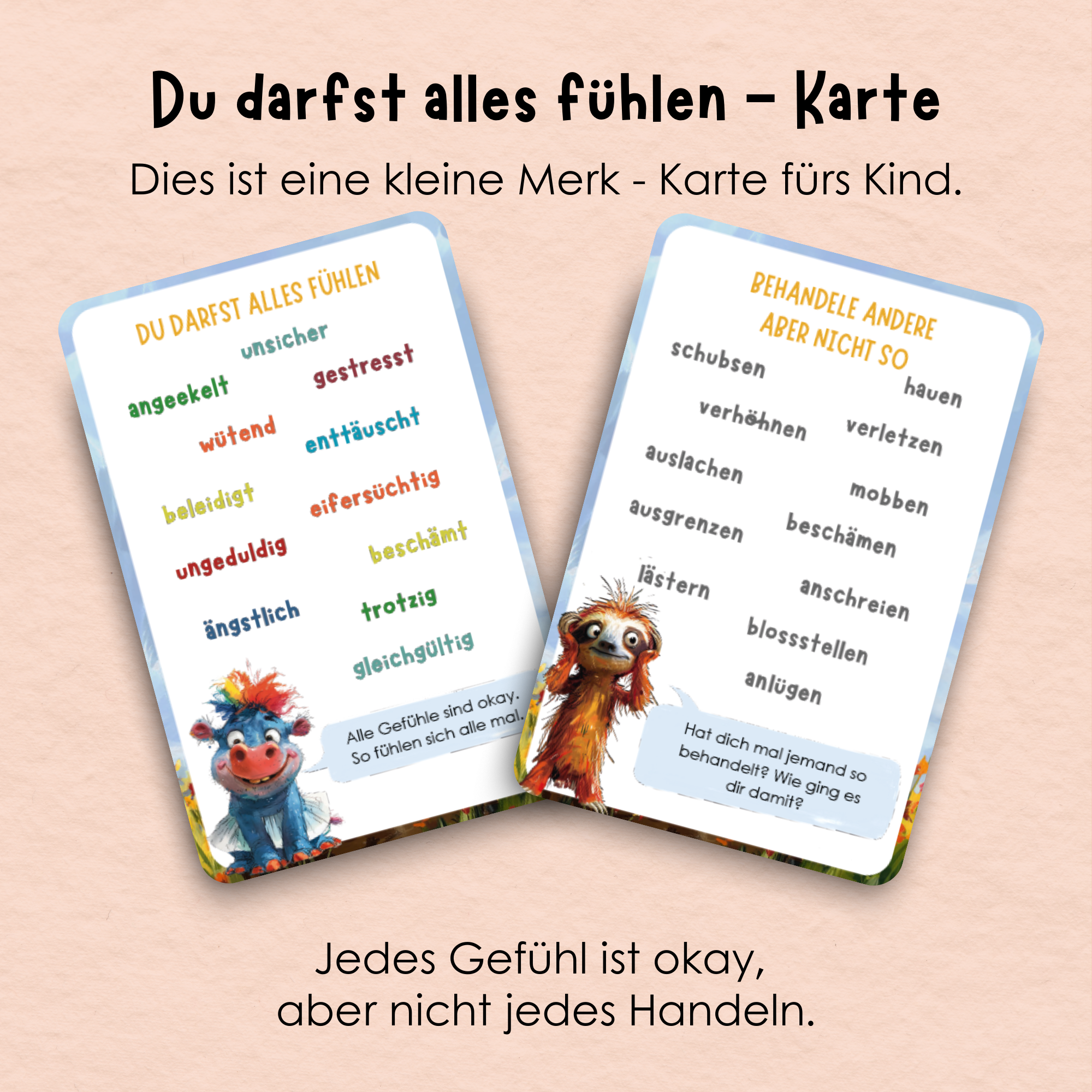 Rabano 'Du darfst alles fühlen' Karte für Kinder – Lernkarte mit wichtigen Gefühlen und Handlungsaufforderungen, ideal für emotionale Erziehung. Fördert den Umgang mit Gefühlen und respektvollem Verhalten, geeignet für Kinder ab 4 Jahren.