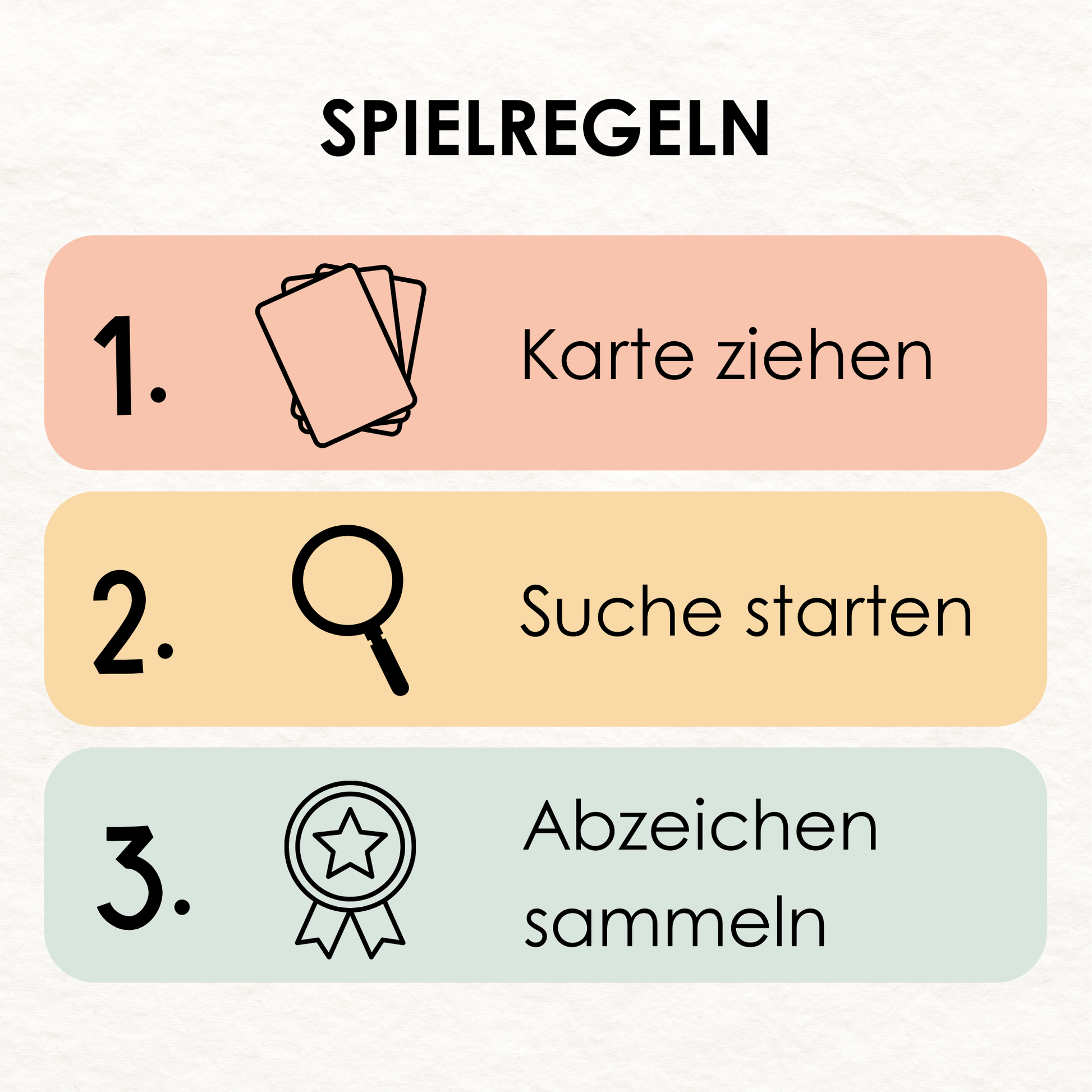 Rabano Entdeckerkarten Spielregeln für Kinder – Ziehe eine Karte, starte die Suche und sammle Abzeichen! Ein unterhaltsames und lehrreiches Suchspiel für die ganze Familie, ideal für drinnen und draußen. Fördert Kreativität, Entdeckungsfreude und Teamarbeit bei Kindern im Alter von 4 bis 10 Jahren.