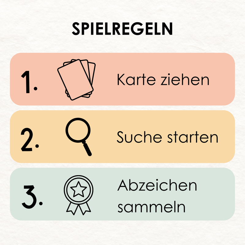 Rabano Entdeckerkarten Spielregeln für Kinder – Ziehe eine Karte, starte die Suche und sammle Abzeichen! Ein unterhaltsames und lehrreiches Suchspiel für die ganze Familie, ideal für drinnen und draußen. Fördert Kreativität, Entdeckungsfreude und Teamarbeit bei Kindern im Alter von 4 bis 10 Jahren.