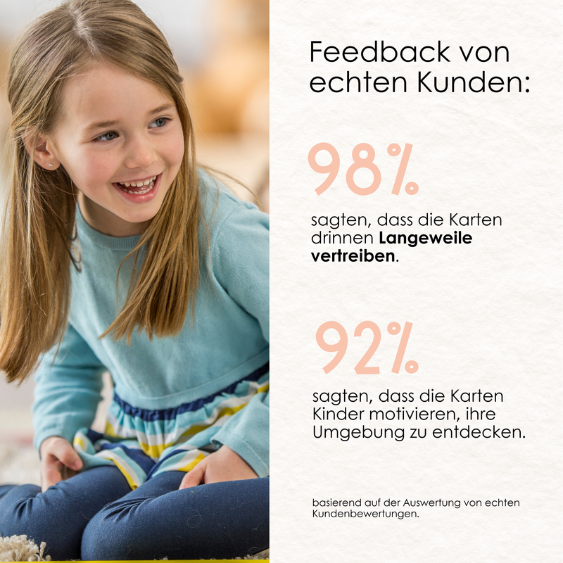 Rabano Entdeckerkarten – 98% der Kunden bestätigen, dass das Spiel Langeweile vertreibt und Kinder dazu motiviert, ihre Umgebung zu entdecken. Ideal für drinnen, um spielerisch die Natur und Kreativität zu erkunden. Perfekt für Kinder von 4 bis 10 Jahren. 92% der Eltern empfehlen es weiter, basierend auf über 1000 Kundenbewertungen.