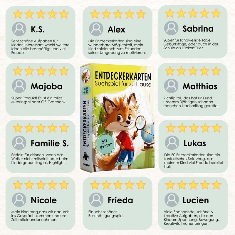 Rabano Entdeckerkarten Suchspiel für zu Hause – 50 Karten für Kinder von 4-12 Jahren. Mit kreativen und lehrreichen Aufgaben, die Kinder motivieren, ihre Umgebung zu erkunden. Ideal für drinnen, bei schlechtem Wetter oder als lustiges Geburtstagsgeschenk. 5 Sterne Bewertungen von zufriedenen Eltern
