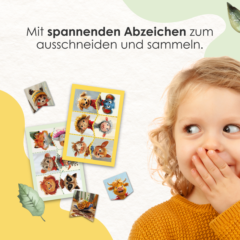 Rabano Kids Abzeichen zum Ausschneiden und Sammeln – spannende Abzeichen mit den Lieblingscharakteren aus den Entdeckerkarten, ideal für Kinder von 4-10 Jahren, fördert Kreativität und Sammelleidenschaft.