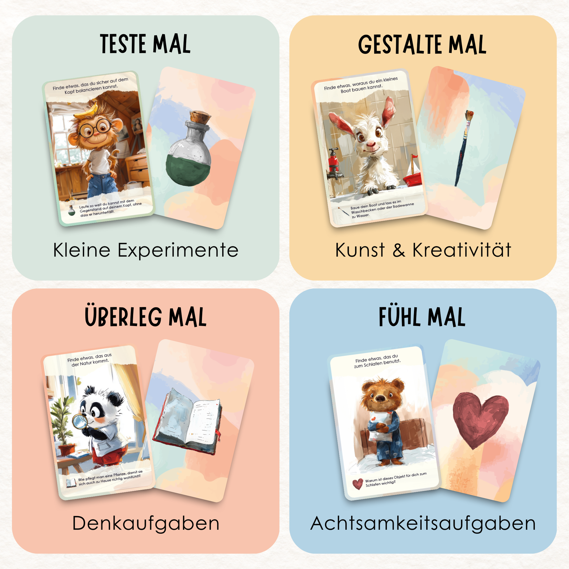 Rabano Kids Entdeckerkarten – 4 Kategorien für kreative Aufgaben: kleine Experimente, Kunst & Kreativität, Denksportaufgaben und Achtsamkeitsübungen. Fördert Entdeckungslust und Kreativität bei Kindern von 4-12 Jahren.