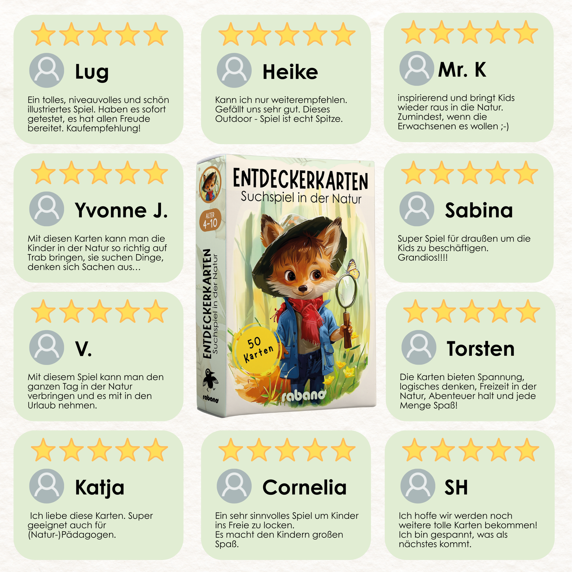 Rabano Kids Entdeckerkarten – Kundenbewertungen von echten Nutzern: 5-Sterne Bewertungen für das Suchspiel in der Natur, das Kinder zu kreativen Entdeckungen im Freien motiviert, ideal für Abenteuer und Spaß in der Natur.