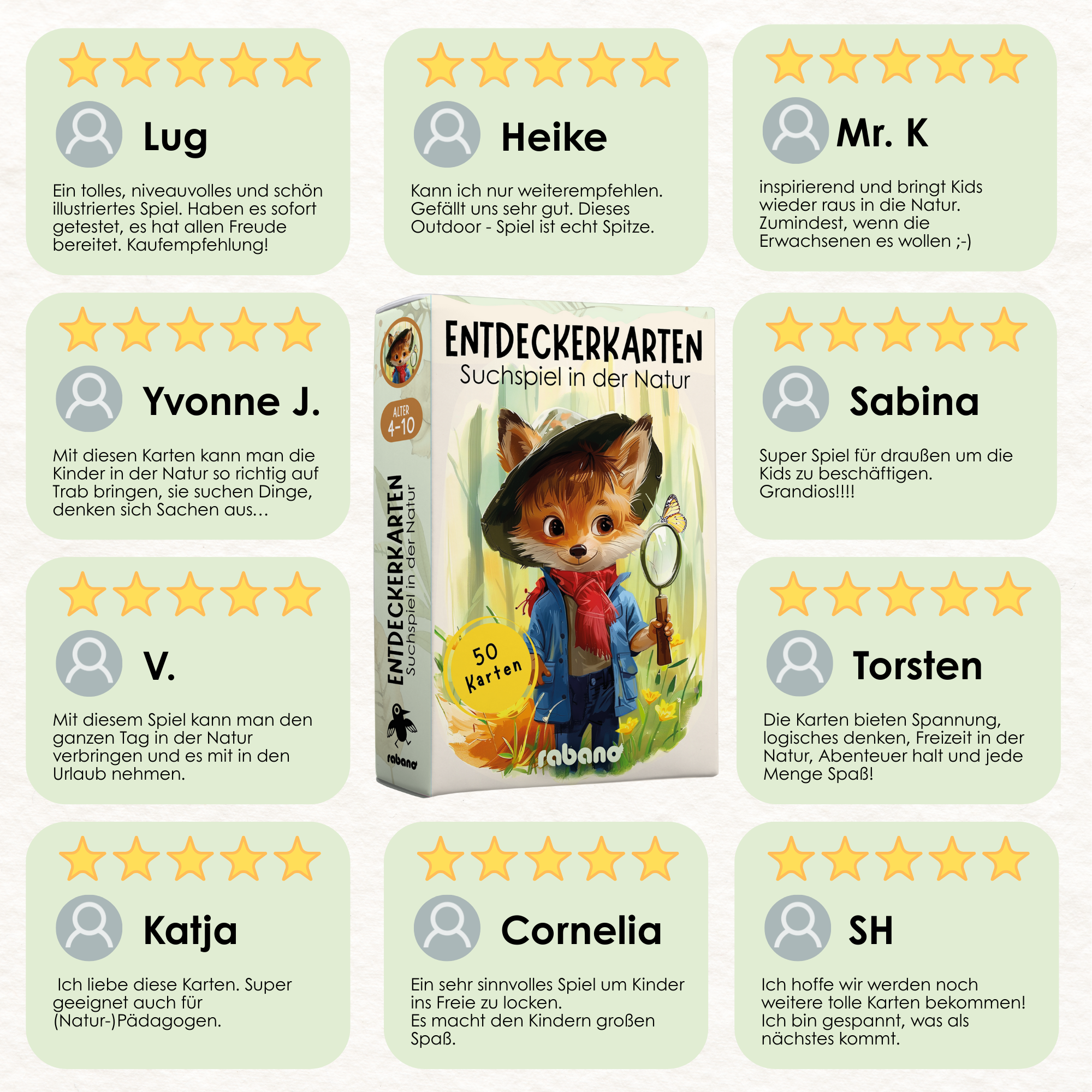 Rabano Kids Entdeckerkarten – Kundenbewertungen von echten Nutzern: 5-Sterne Bewertungen für das Suchspiel in der Natur, das Kinder zu kreativen Entdeckungen im Freien motiviert, ideal für Abenteuer und Spaß in der Natur.