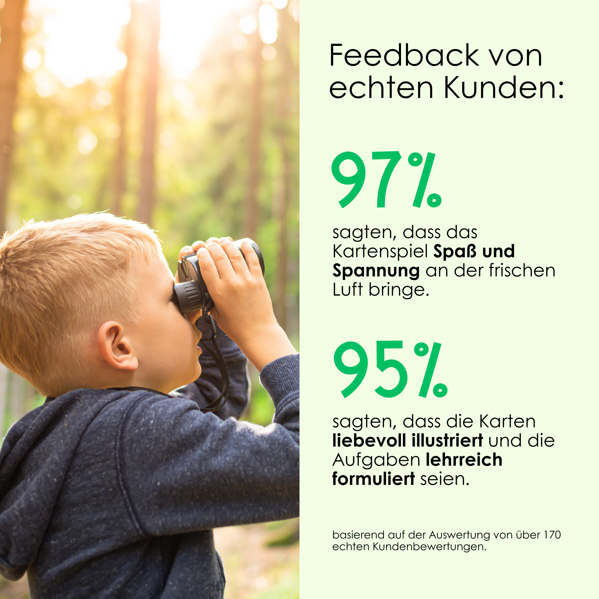 Rabano Kids Entdeckerkarten – 97% der Kunden bestätigen, dass das Suchspiel im Freien Spaß und Spannung bringt, 95% loben die liebevolle Gestaltung und lehrreichen Aufgaben der Karten. Basierend auf über 170 echten Kundenbewertungen.