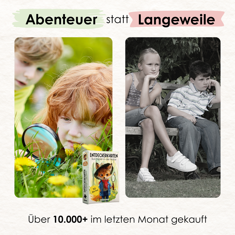 Rabano Kids Entdeckerkarten – Das perfekte Suchspiel für Kinder: Fördert die Neugier und Entdeckerlust, ideal für Abenteuer in der Natur, wie auf dem Bild eines begeisterten Kindes mit Lupe. Über 10.000 Verkäufe im letzten Monat.