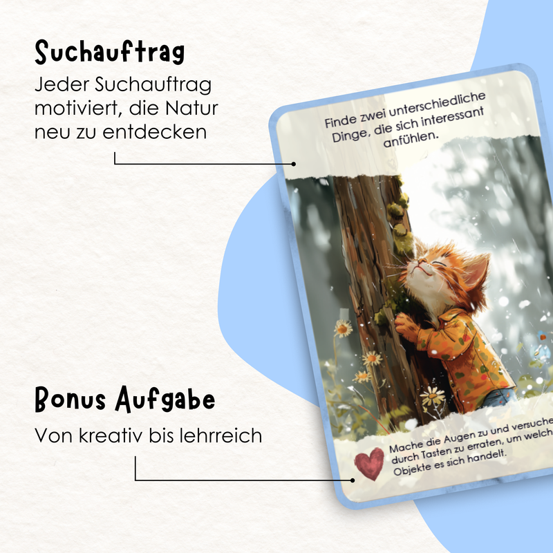 Rabano Kids Entdeckerkarten – Suchaufträge und Bonusaufgaben zur Förderung der Kreativität und Entdeckerlust in der Natur, für Kinder von 4-10 Jahren. Aufgaben zum Fühlen und Entdecken von natürlichen Objekten