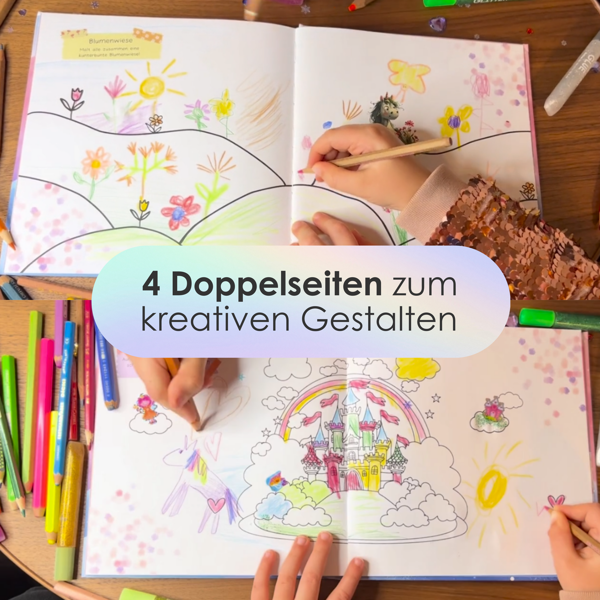 Rabano Kids Kreatives Malbuch – 4 Doppelseiten zum Ausmalen und Gestalten, fördert Kreativität bei Kindern mit bunten Blumenwiesen, Einhörnern und Fantasiewelten, ideal für Kinder ab 4 Jahren.