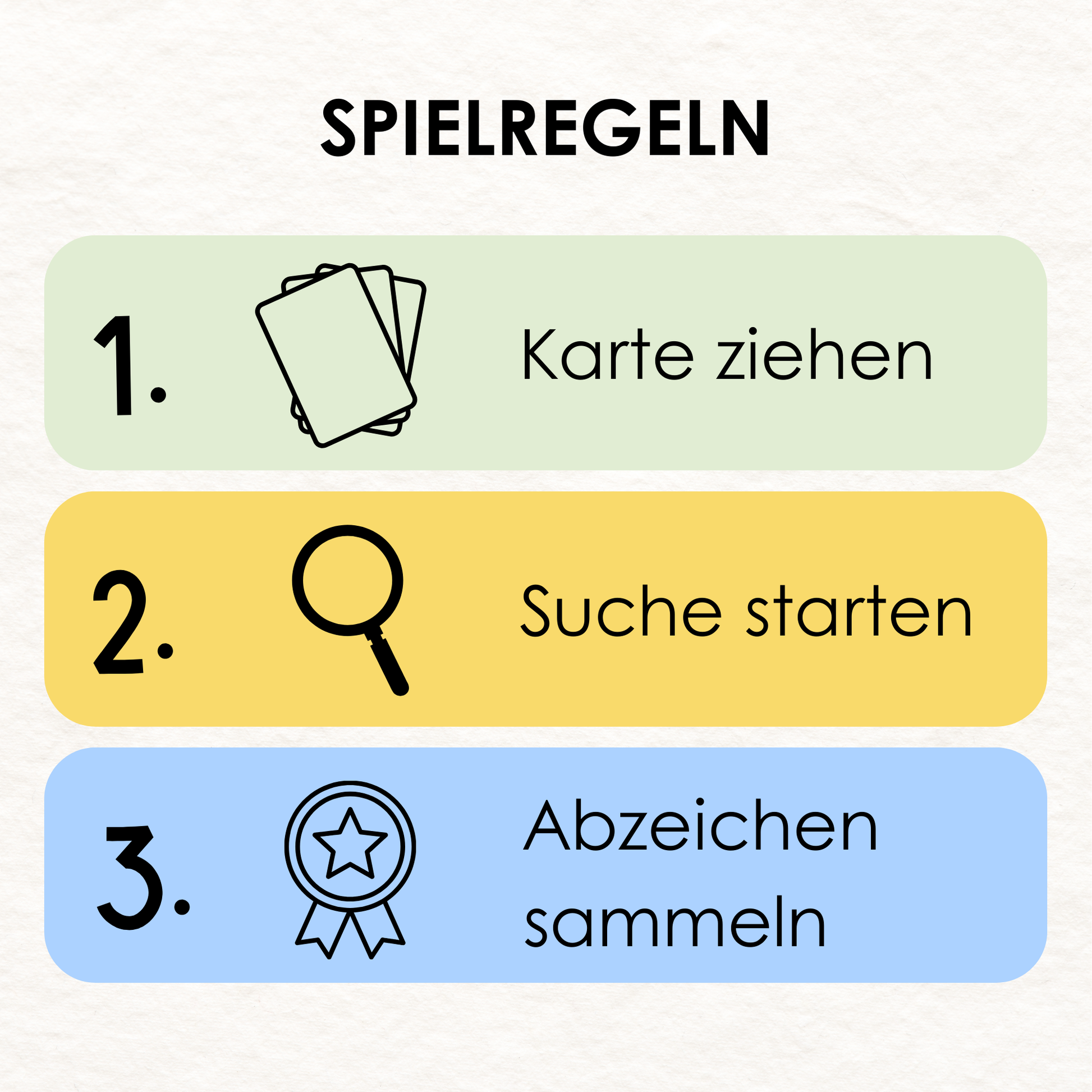 Rabano Kids Spielregeln für das Suchspiel in der Natur – 3 einfache Schritte: Karte ziehen, Suche starten und Abzeichen sammeln. Fördert Kreativität und Abenteuerlust bei Kindern von 4-10 Jahren.