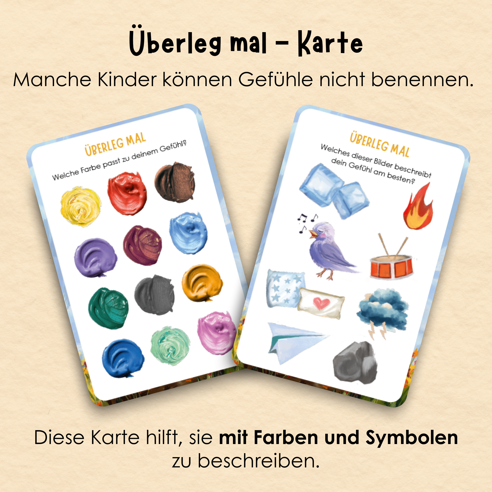 Rabano 'Überleg mal' Karte für Kinder – Lernkarte mit Farben und Symbolen zur Förderung der emotionalen Ausdruckskraft. Hilft Kindern, Gefühle visuell zu beschreiben und zu verstehen, geeignet für Kinder ab 4 Jahren.