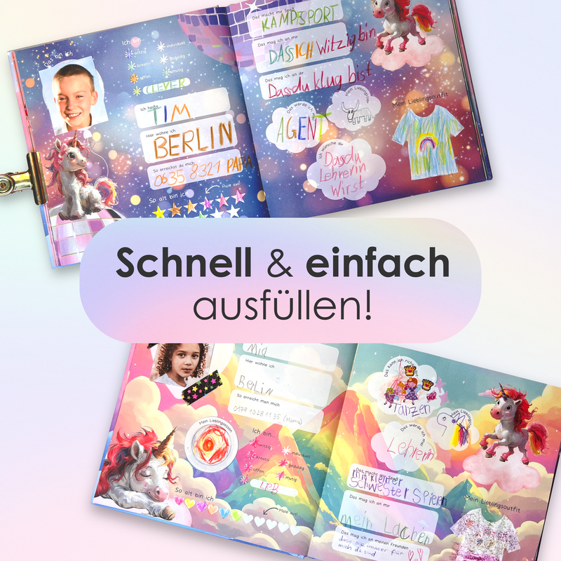 Freundebuch für Kinder mit Eintrageseiten – einfach ausfüllbare Vorlagen mit Fragen, Platz für Fotos und Einhorn-Illustrationen – Rabano Kids Einschulungs-Freundebuch mit liebevoll gestaltetem Layout