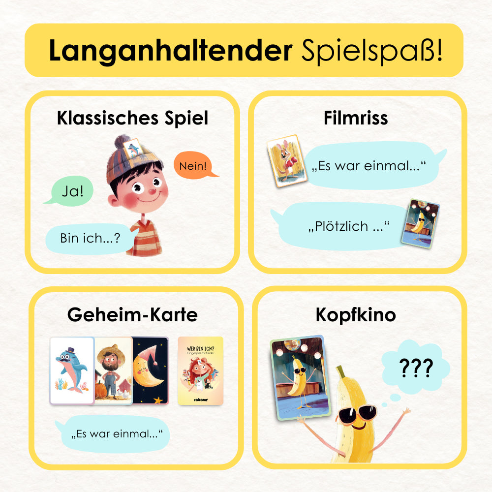 Vielfaeltige Spielideen des Kinderspiels „Wer bin ich?“ inklusive klassischem Ratespiel, Filmriss-Geschichten, Geheim-Karten und Kopfkino-Modus mit lustigen Illustrationen