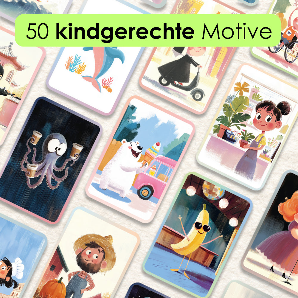 Kinderspiel „Wer bin ich?“ mit 50 farbenfrohen, kindgerechten Motiven auf Spielkarten – liebevoll illustrierte Figuren fuer Ratespass und Rollenspiele